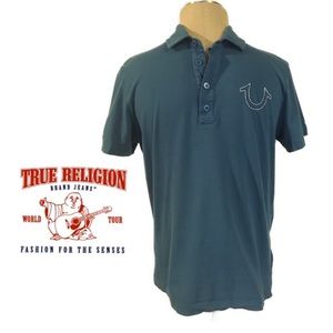 True Religion M Polo Shirt White Stitch Horseshoe